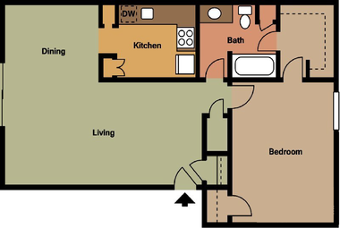 Floor plan for 1 bed, 1 bath, 925 sqft